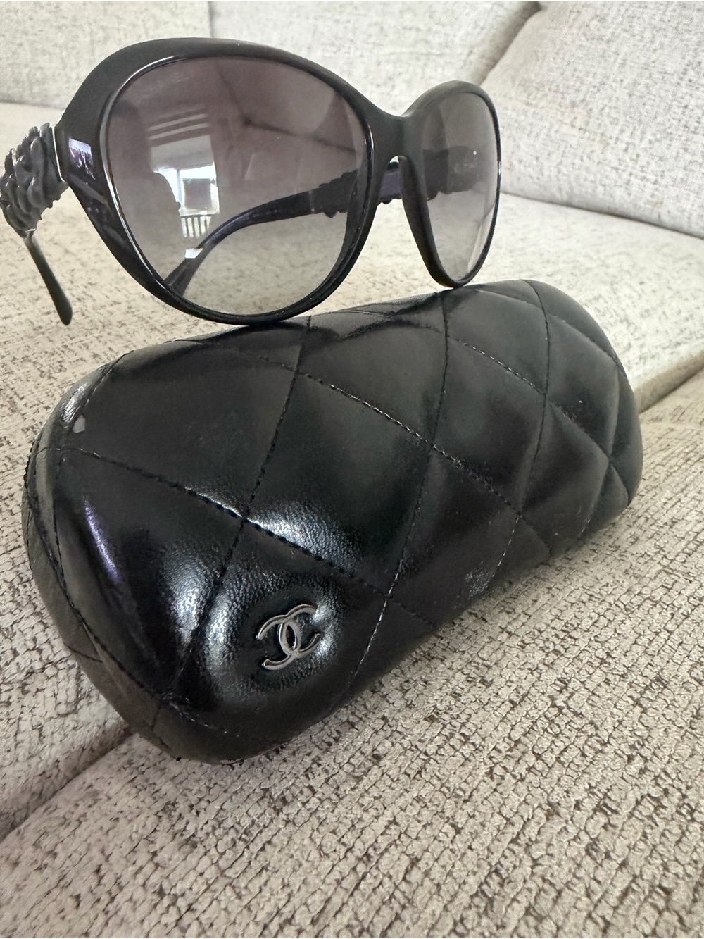 CHANEL Black Quilted Sunglasses Case with CC Emblem